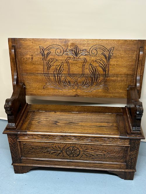 EARLY 20TH CENTURY CARVED OAK MONKS BENCH - ADDITIONAL PHOTO 1