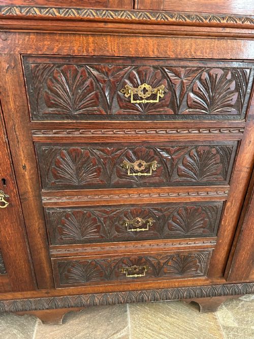 LARGE OAK BOOKCASE ON CARVED CUPBOARD BASE - ADDITIONAL PHOTO 5