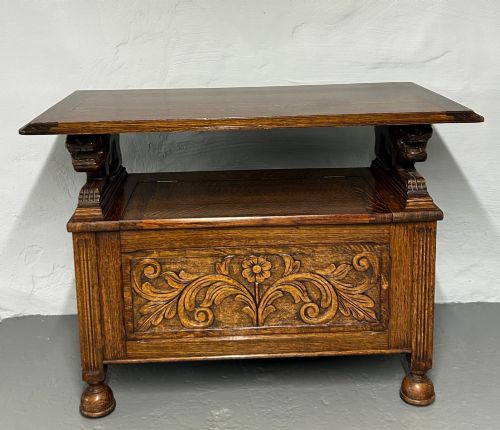 SMALL CARVED OAK MONKS BENCH - ADDITIONAL PHOTO 5