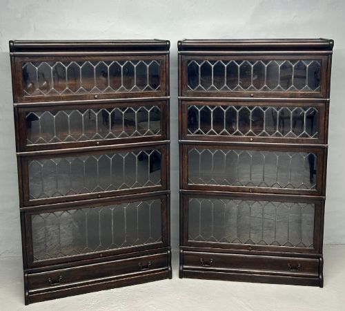 pair of oak globe wernicke barristers bookcases with leaded doors - CATEGORY: ANTIQUE BOOKCASES - DATED 1910