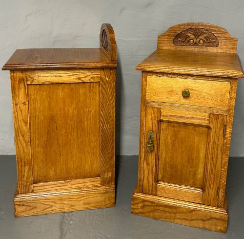 fig 1. A matching pair of light oak bedside cabinets featuring carved crest galleries, single drawers, single panel doors, and brass fittings.