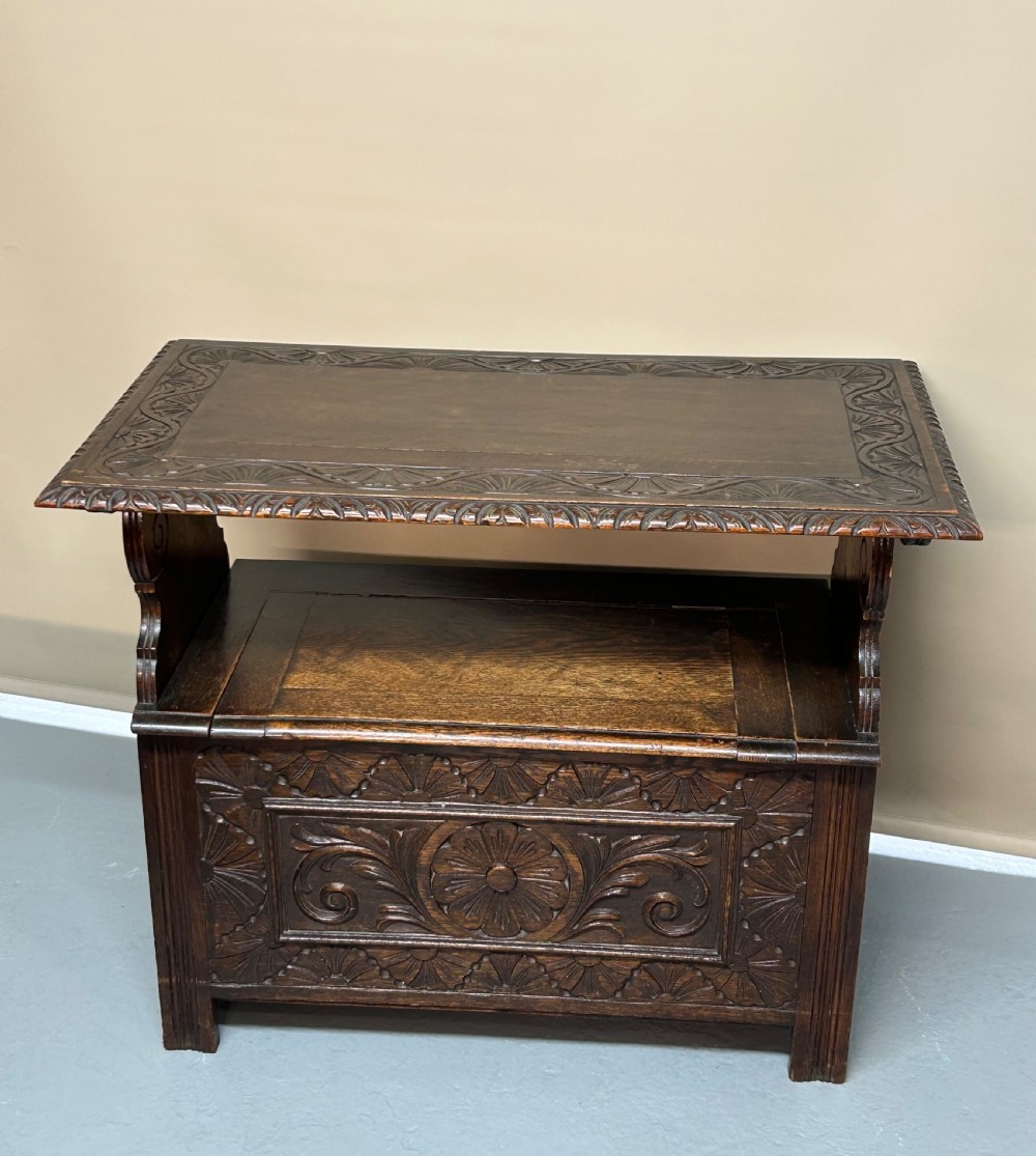 Antique Carved oak monk’s bench  View VII