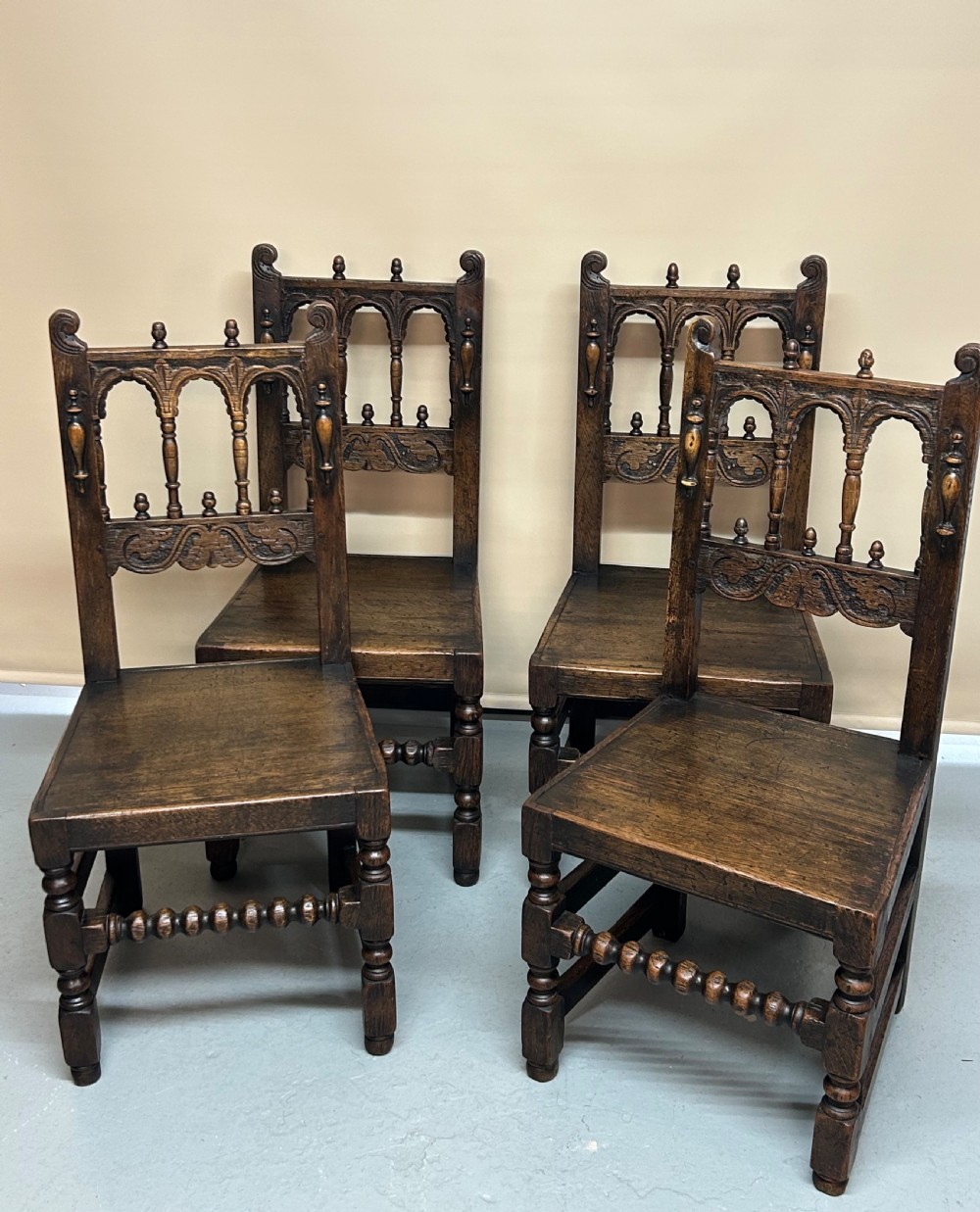Set of six 17th Century style Derbyshire oak dining chairs 