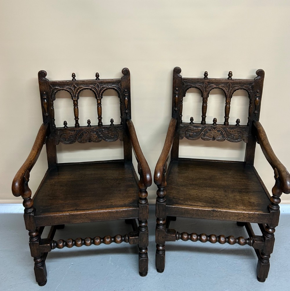 Set of six 17th Century style Derbyshire oak dining chairs  View II