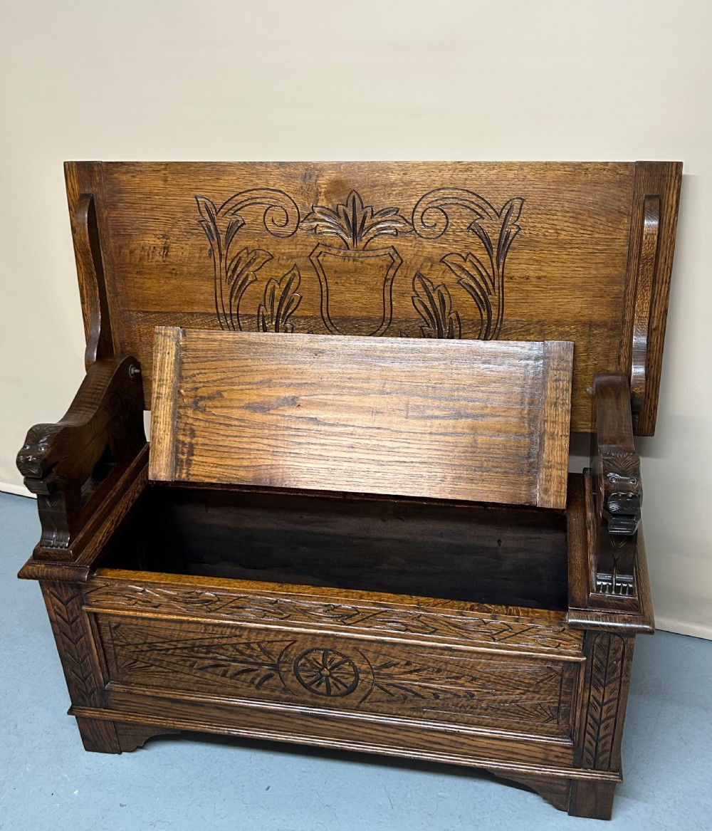 Early 20th century carved oak monks bench View III