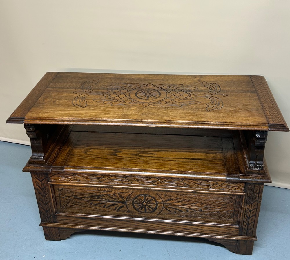 Early 20th century carved oak monks bench View IV