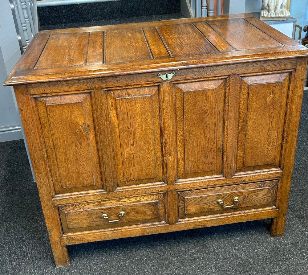 A 19th-century warm brown oak mule chest featuring a four-panel front, hinged top lid, and two lower drawers with brass swan-neck handles.