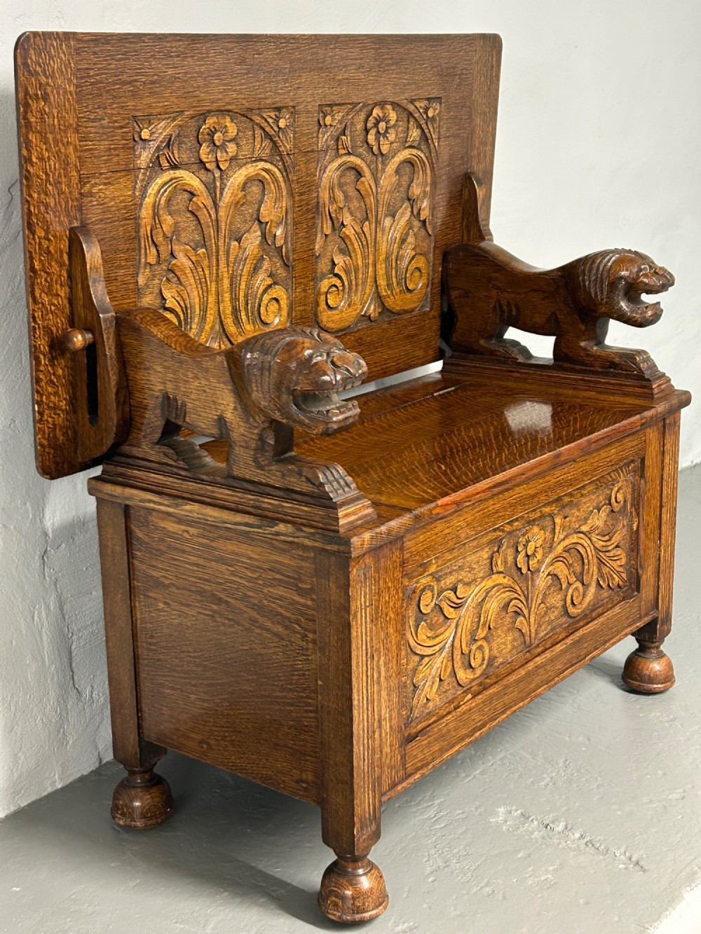 Small Carved oak monks bench View II