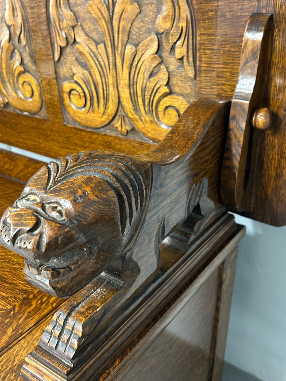 Small Carved oak monks bench View III
