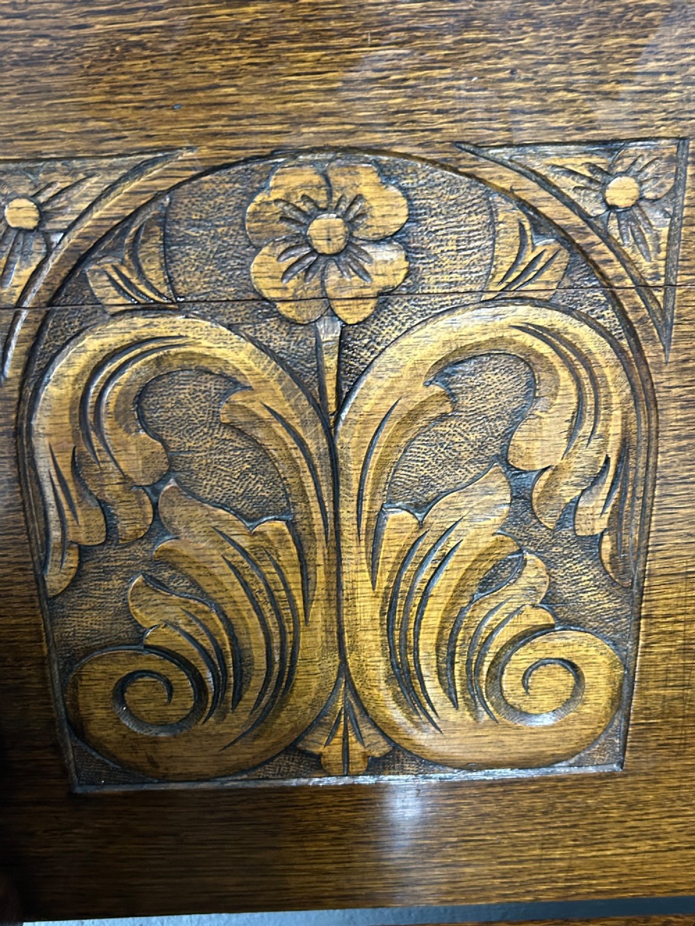 Small Carved oak monks bench View V