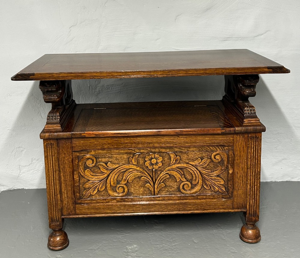 Small Carved oak monks bench View VI