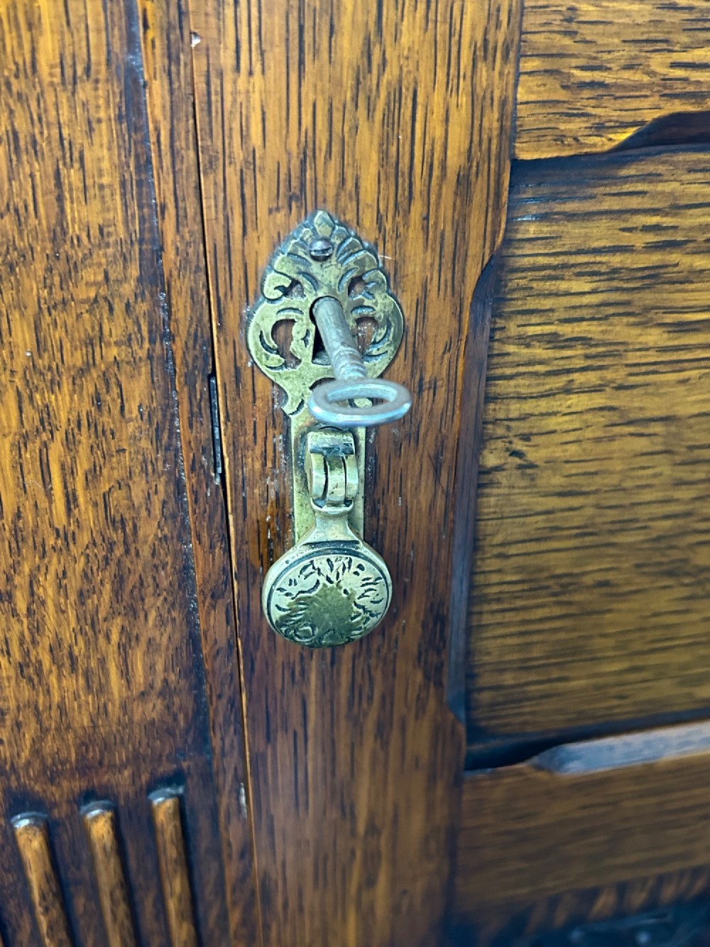 A tall 1920s solid oak hall robe featuring a single door with carved arcading and linenfold panelling, canted sides, and turned feet. View V