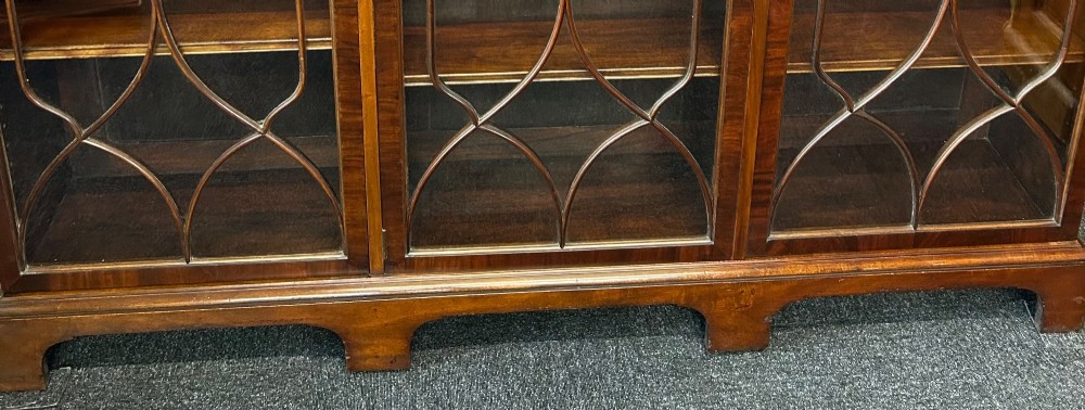 A large mahogany three-door glazed bookcase featuring geometric astragal glazing bars, carved oval motifs, and bracket feet. View VI