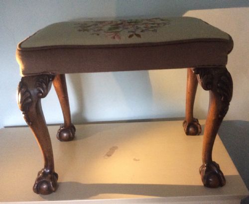 Upholstered Stool on Foliage Carved Cabriole Legs to Claw Ball Feet