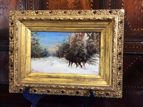 Oil on Board of Deer in a Snowy Clearing
