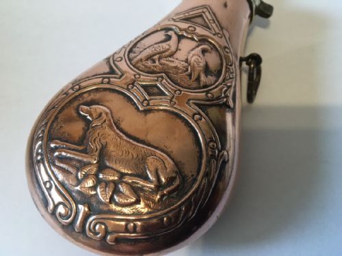 Copper Powder Flask Embossed with  Hunting Dog and Birds