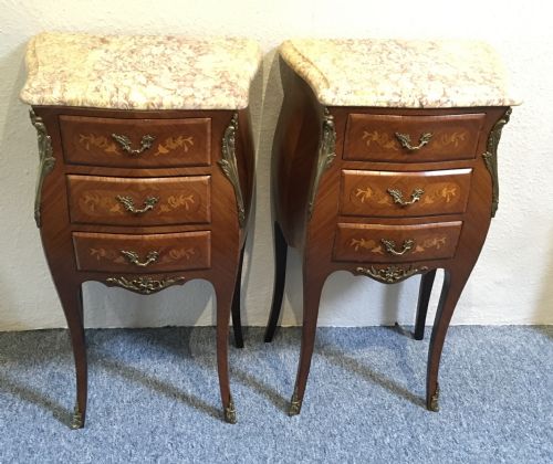 Pair of French Bedside Tables with Marble Tops