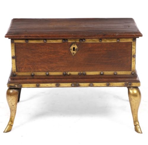 18th Century Brass and Oak Small Bible Box on Brass Cabriole Legs Terminating on Hoof Feet