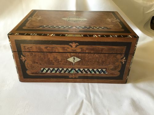 Victorian Sewing/needlework Mother of Pearl and Silver Wire Inlaid Walnut Work Box