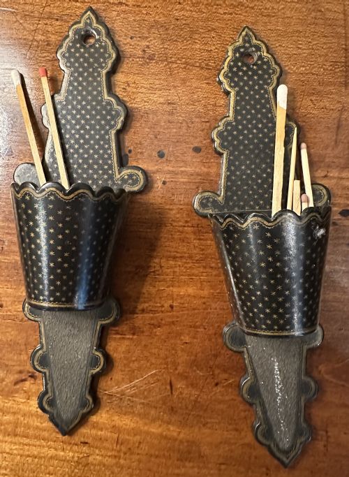 PAIR PAPIER MACHE WALL POCKET MATCH HOLDERS AND STRIKERS - ADDITIONAL PHOTO 2