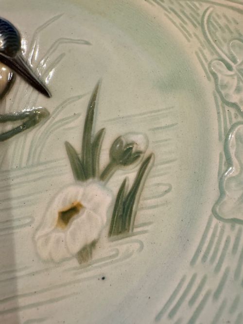 ANTIQUE FRENCH MAJOLICA KINGFISHER PLATE - ADDITIONAL PHOTO 2