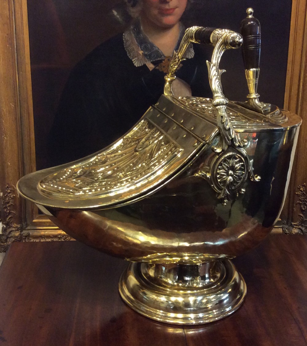 Brass coal scuttle with fitted shovel 