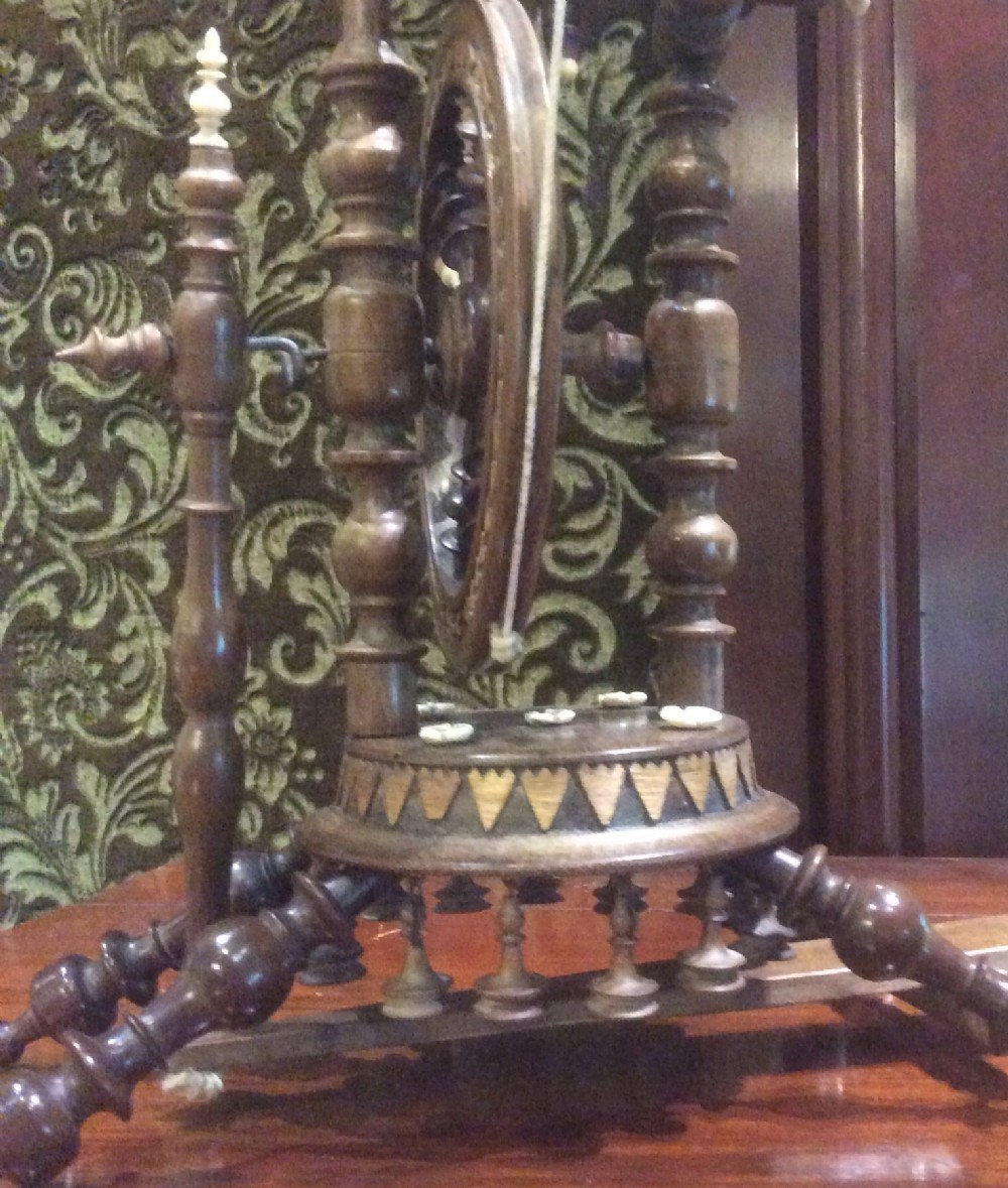 Miniature Fruitwood and Bone Spinning Wheel 