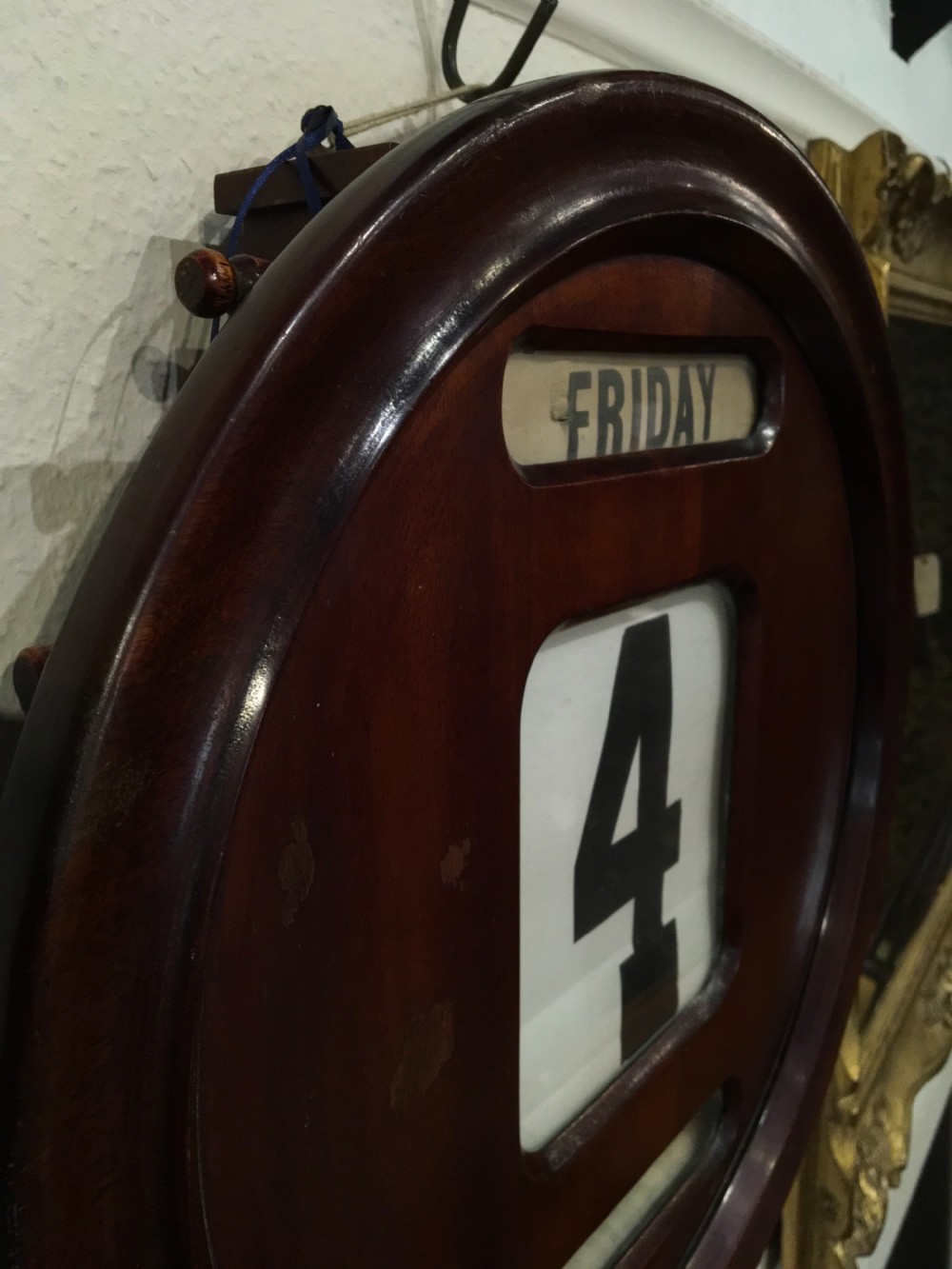 Victorian mahogany wall hanging perpetual calendar  View II