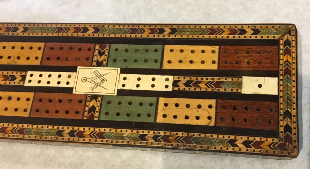 Tunbridgeware cribbage board with Masonic plaque View II