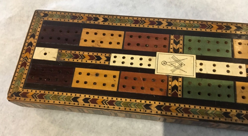 Tunbridgeware cribbage board with Masonic plaque View V