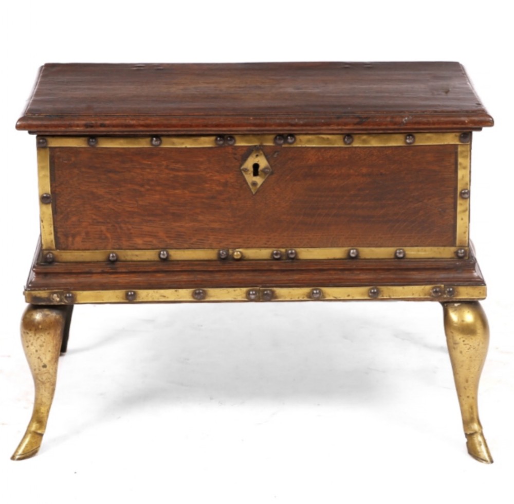 18th Century Brass and Oak small Bible Box on Brass cabriole legs terminating on hoof feet