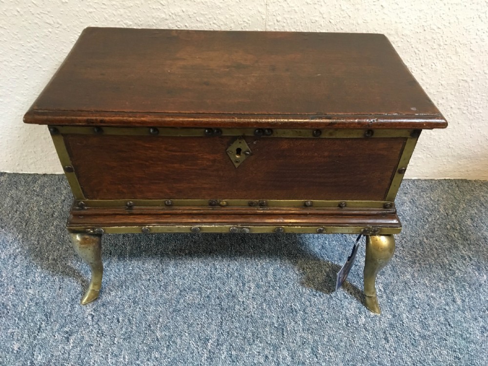 18th Century Brass and Oak small Bible Box on Brass cabriole legs terminating on hoof feet View III