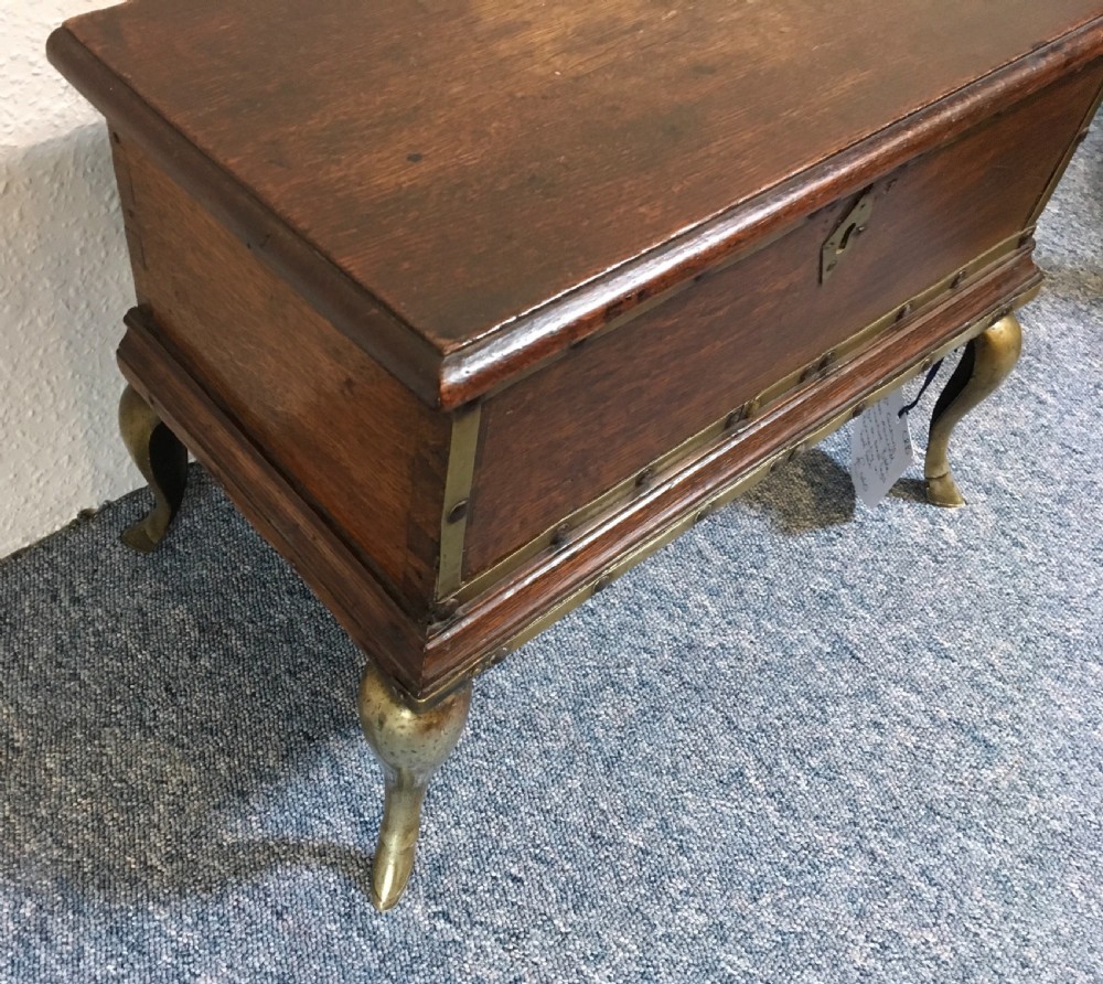 18th Century Brass and Oak small Bible Box on Brass cabriole legs terminating on hoof feet View V