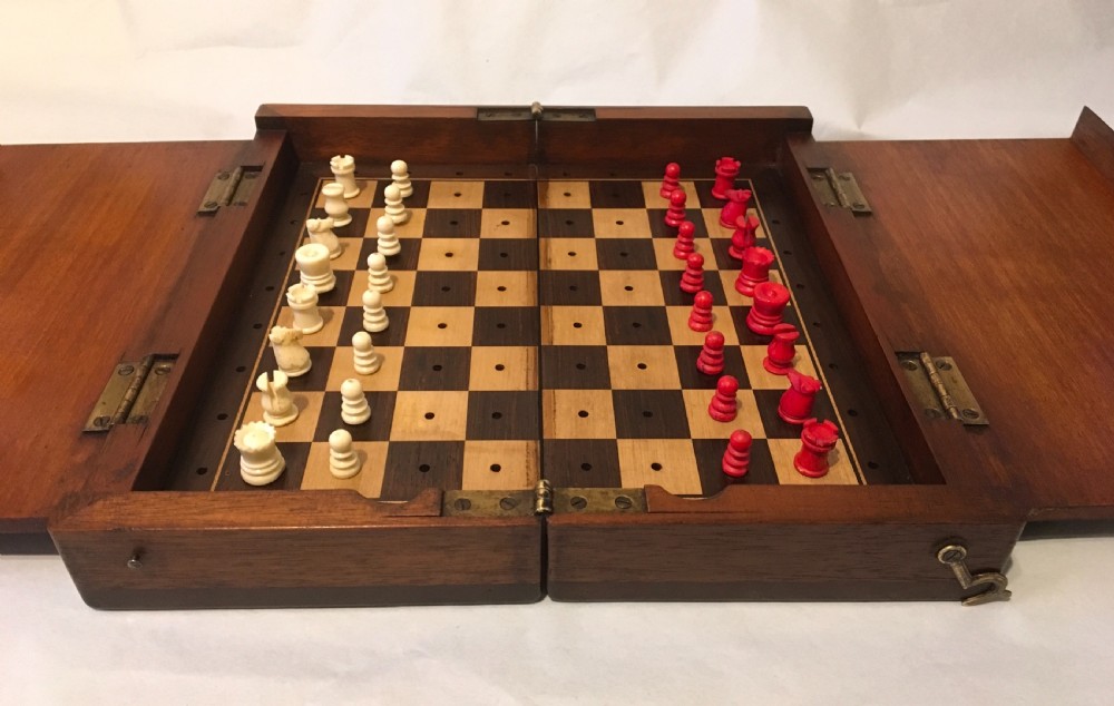 19th Century Mahogany cased travelling chess set  View III