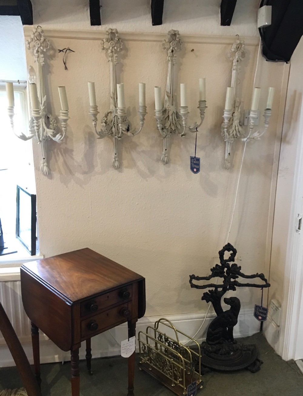 Set of four three branch antique wall lights  View IV