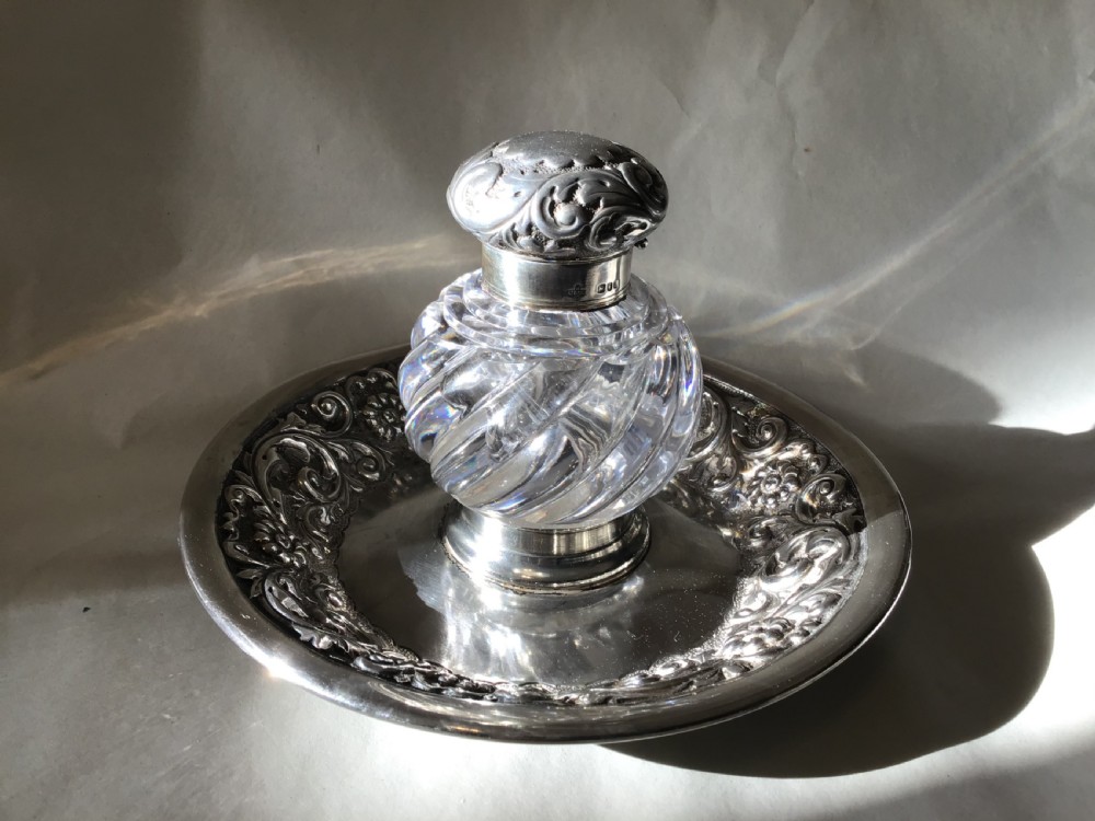 Victorian silver and cut glass inkwell 