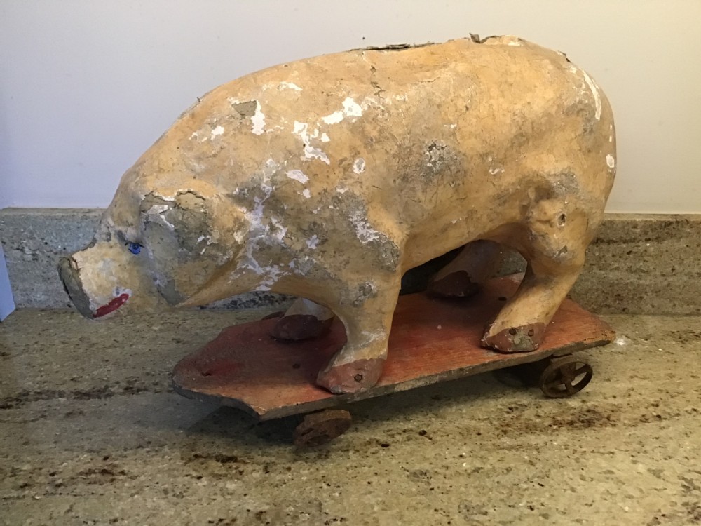 Rare Papier Mache French Pull along Pig