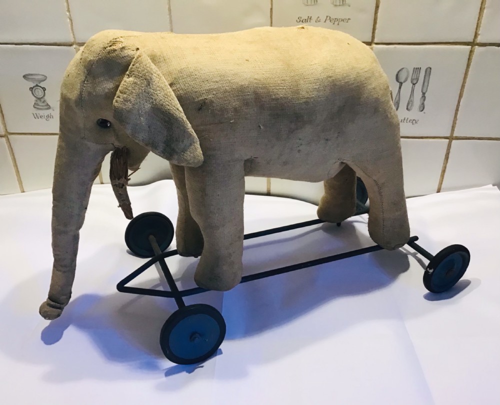 Antique Elephant on wheels pull along toy c1900  View II
