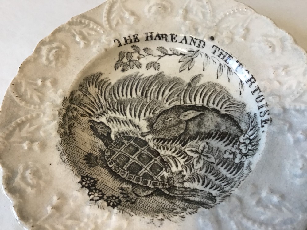 Early 19th century transfer nursery plate - The Hare and the Tortoise  View III