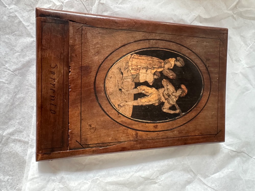 Inlaid antique olive wood folding travel mirror from Sorrento, Italy