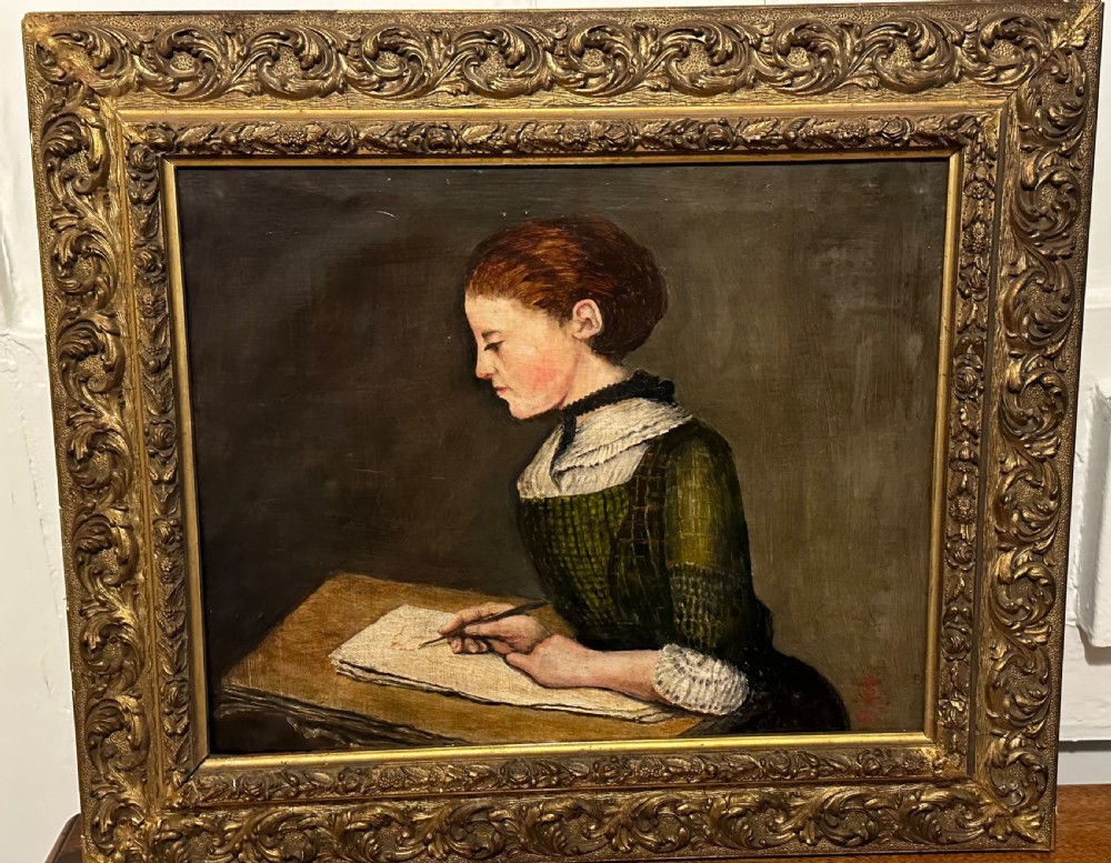 Oil on canvas lady writing 