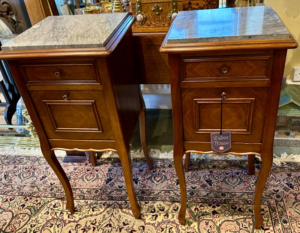 Pair French Marble topped Bedside Cabinets  View III