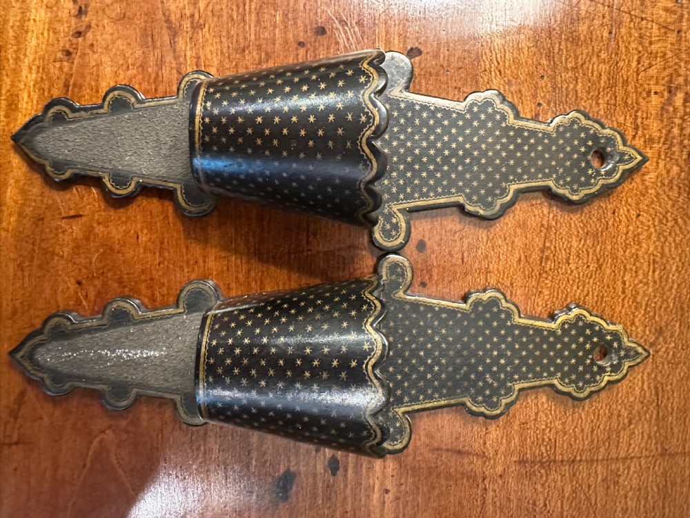 Pair Papier Mache wall pocket match holders and strikers 