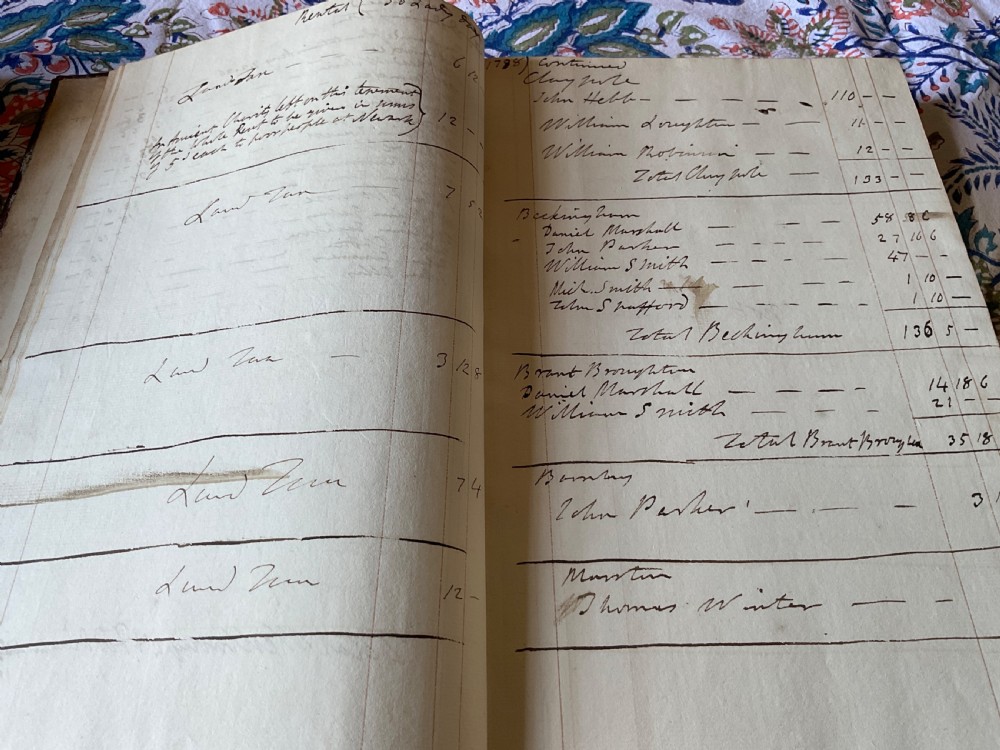 An 18th-century dark brown leather-bound ledger featuring a central gilt oval wreath cartouche with the word RENTAL stamped in gold. View III