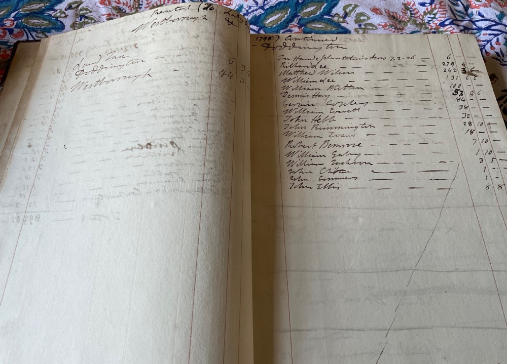 An 18th-century dark brown leather-bound ledger featuring a central gilt oval wreath cartouche with the word RENTAL stamped in gold. View V