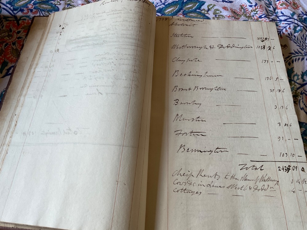 An 18th-century dark brown leather-bound ledger featuring a central gilt oval wreath cartouche with the word RENTAL stamped in gold. View VII