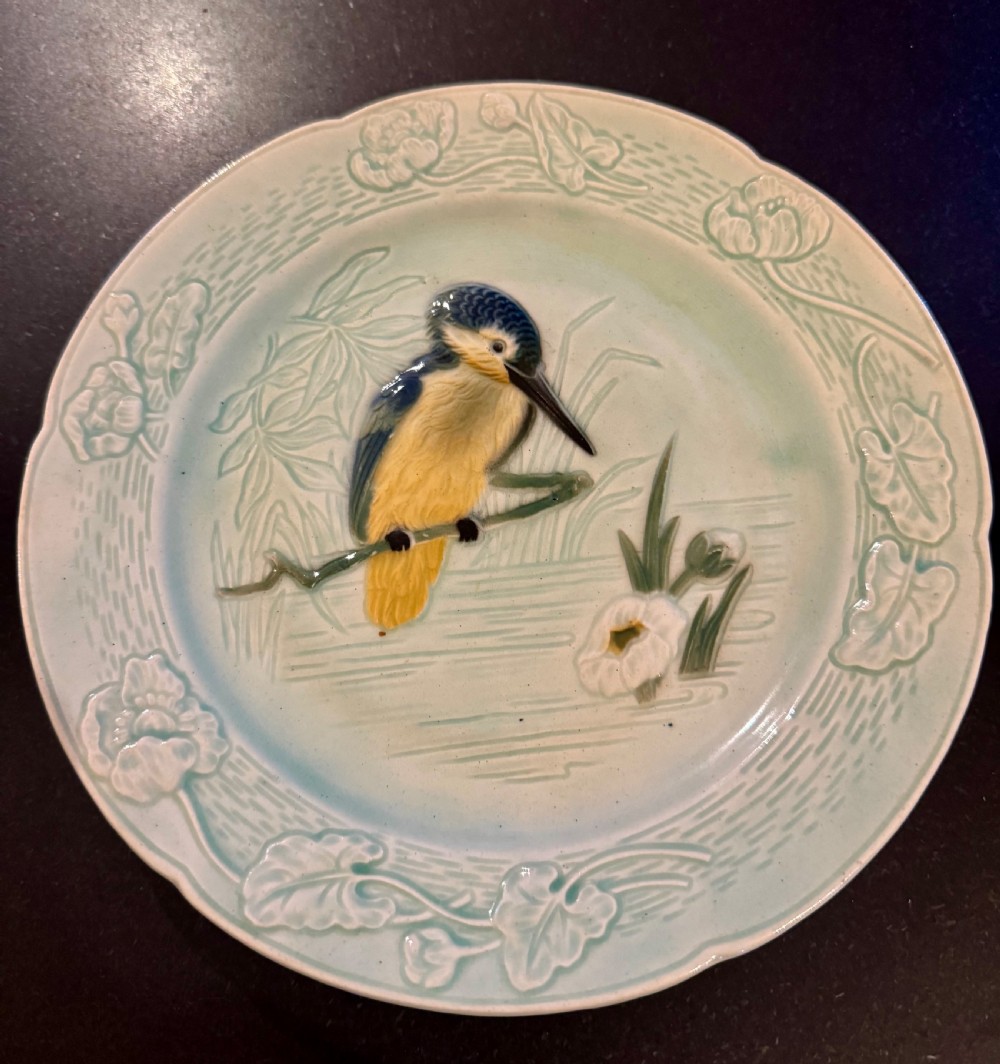 Antique French Majolica Kingfisher Plate 