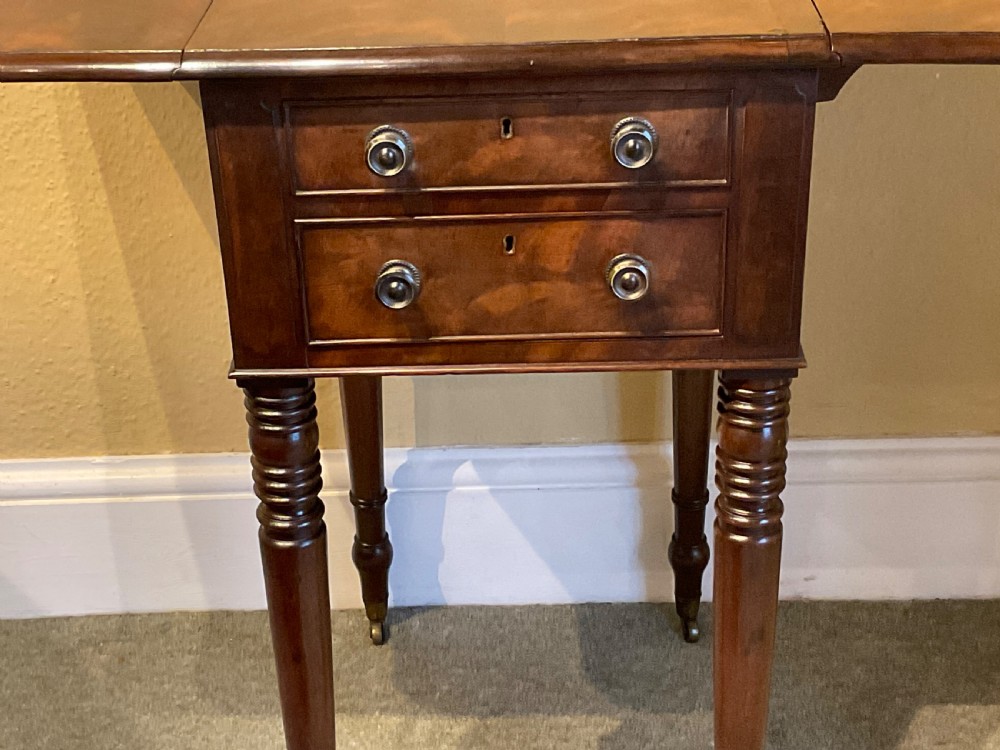 A Victorian mahogany work table featuring two drawers with brass pull knobs, side drop-leaf extensions, and slender turned legs on brass castors. View V