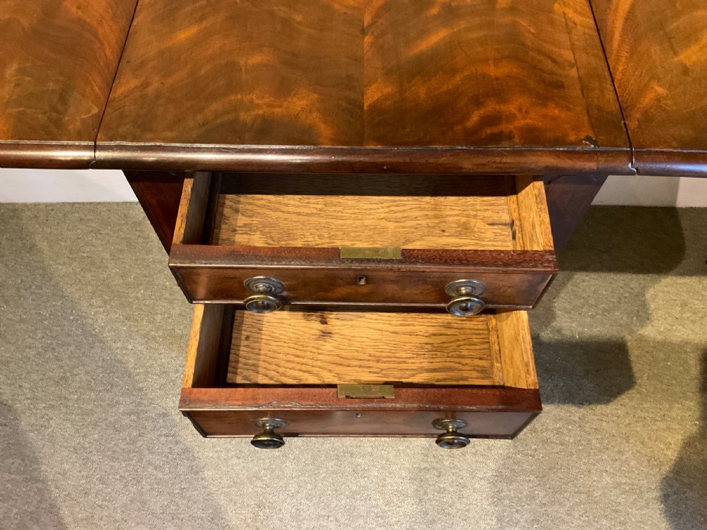A Victorian mahogany work table featuring two drawers with brass pull knobs, side drop-leaf extensions, and slender turned legs on brass castors. View VII