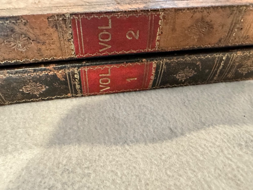 An antique closed leather-bound faux book games board decorated with a black and tan chequerboard pattern and gilt-tooled borders. View VI